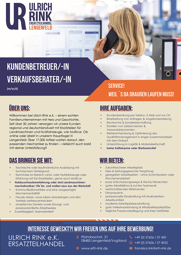 Verkaufsberater/ Kundenbetreuer - KFZ-Ersatzteile (m/w/d) in Voll- oder Teilzeit 
